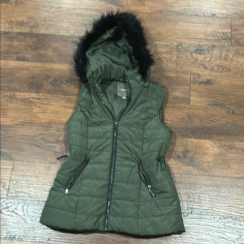 Green Hooded Puffer Vest with Black Fur Trim with cinch waist